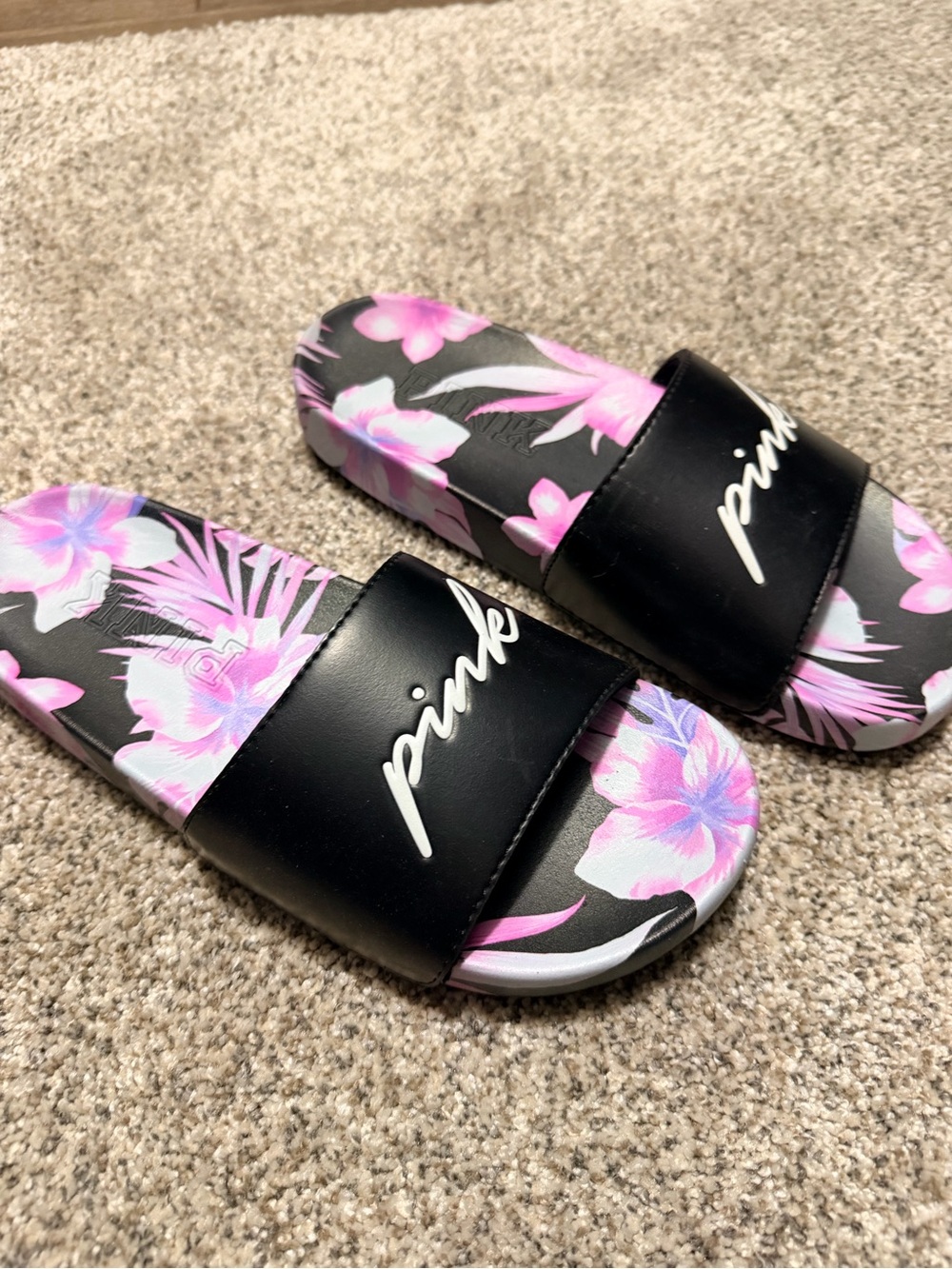 PINK Victoria's Secret Black Slide Sandals with Pink Floral Footbed